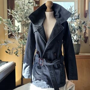 CoffeeShop 100% Cotton Belted Navy Blue Short Trench Coat for Women
